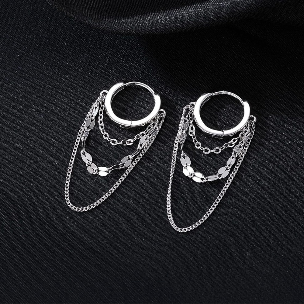 925 Sterling Silver Dangle Chain Hoop Earrings - Picture 3 of 5